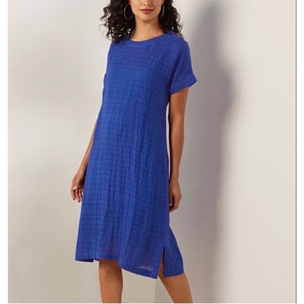 Soft Surroundings Remi Linen Blend Gauze Shift Dress Blue Medium Short Sleeve